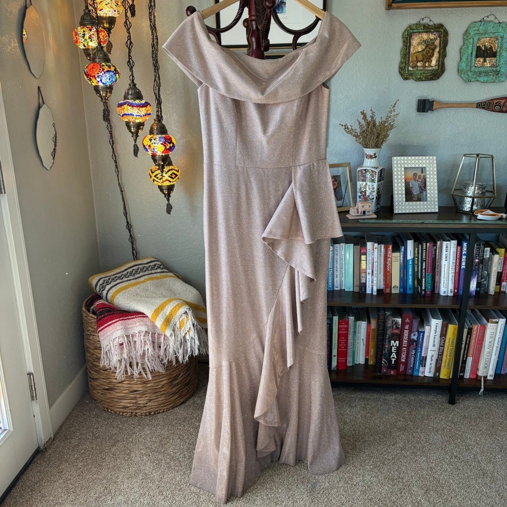 Betsy & Adam Shimmer Off Shoulder Evening Gown Champagne Formal Ruffle Dress - Picture 2 of 11